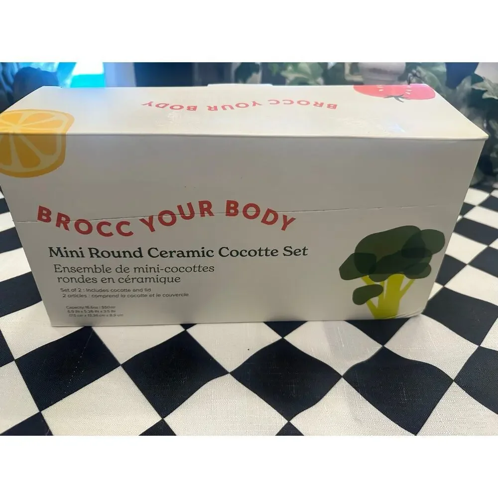 Brocc Your Body Mini Round Ceramic Cocotte Set Green and White Lids NEW IN BOX